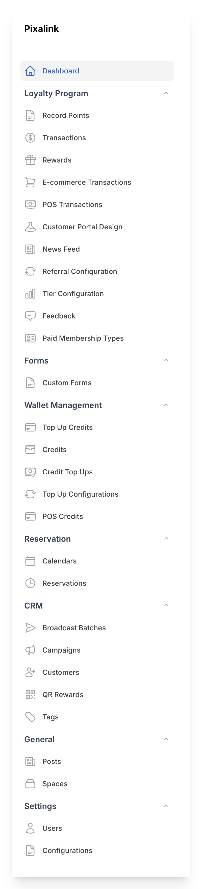 Pixalink admin panel sidebar showing all navigation groups: Loyalty Program, Forms, Wallet Management, Reservation, CRM, General, and Settings