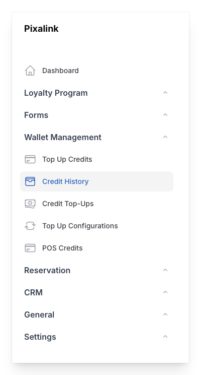 The Wallet Management section in the Admin Panel sidebar, showing Top Up Credits, Credit History, Credit Top-Ups, Top Up Configurations, and POS Credits