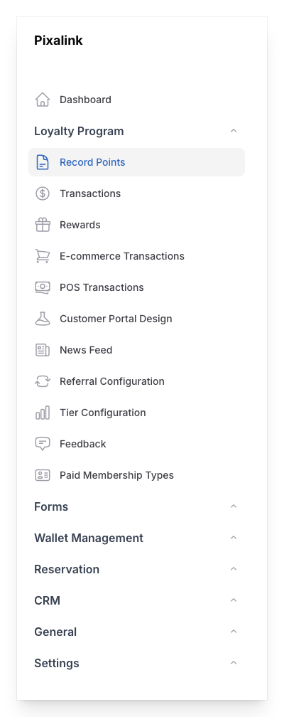 Step 1: Go to Record Points under the Loyalty Program group in the sidebar