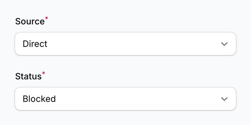 Properties fieldset showing Source set to Direct and Status set to Blocked