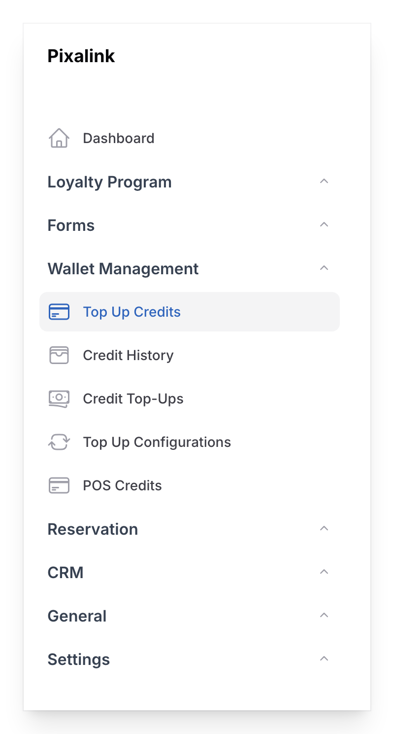 Step 1: The Wallet Management group in the sidebar with Top Up Credits highlighted