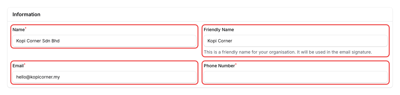 Step 2: The Information section with Name, Friendly Name, Email, and Phone Number fields highlighted