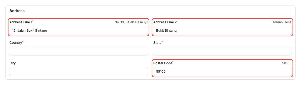 Step 3: The Address section with Address Line 1, Address Line 2, Country, State, City, and Postal Code fields highlighted