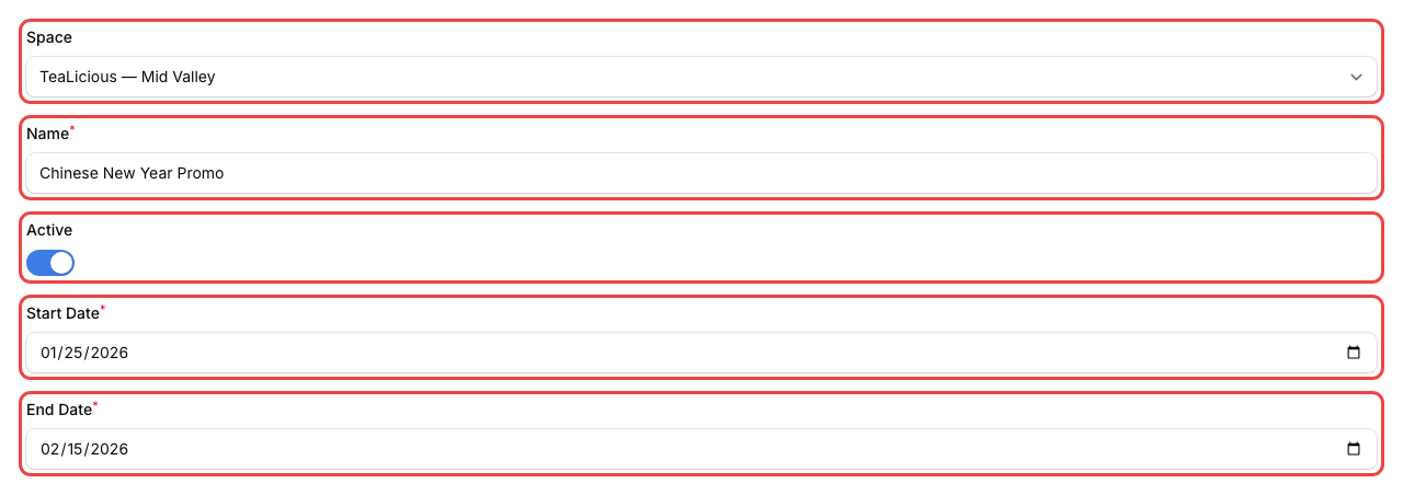 Step 3: The Info tab showing Space selector, Name field, Active toggle, Start Date and End Date fields highlighted