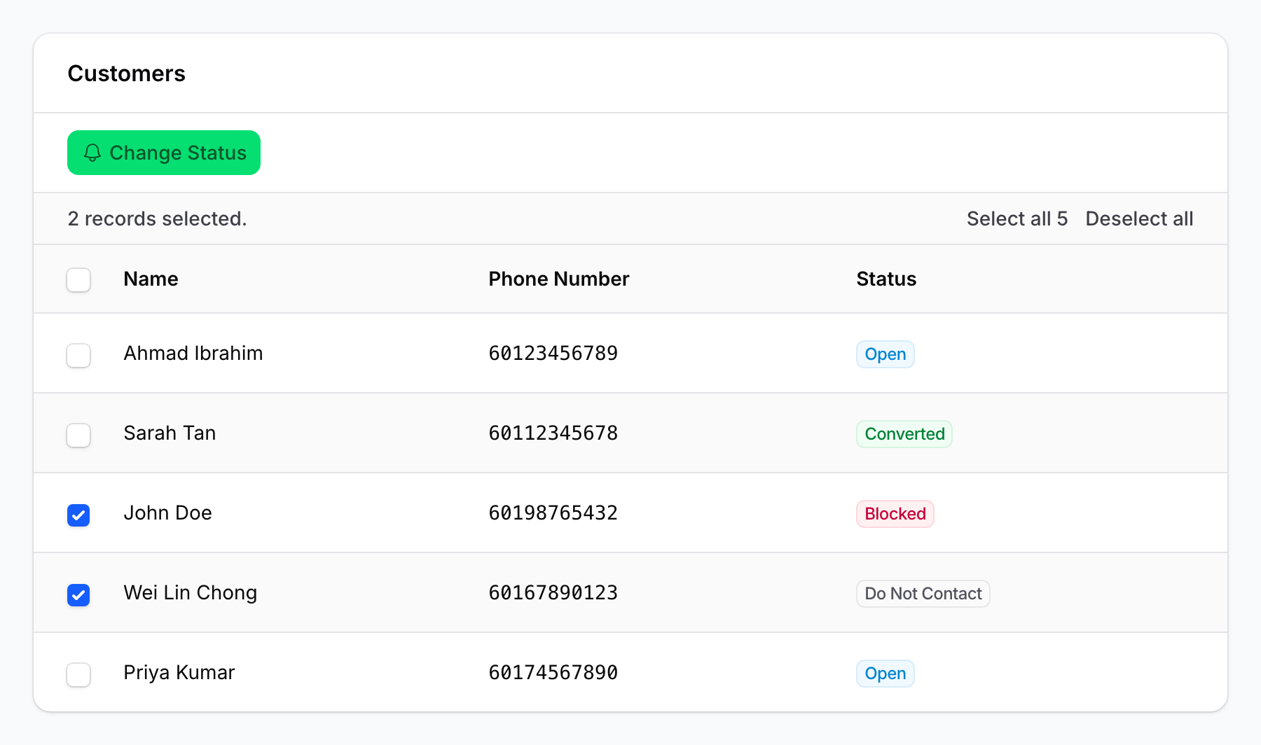 Step 1: Customer table with two rows selected showing the Change Status bulk action button and selection toolbar