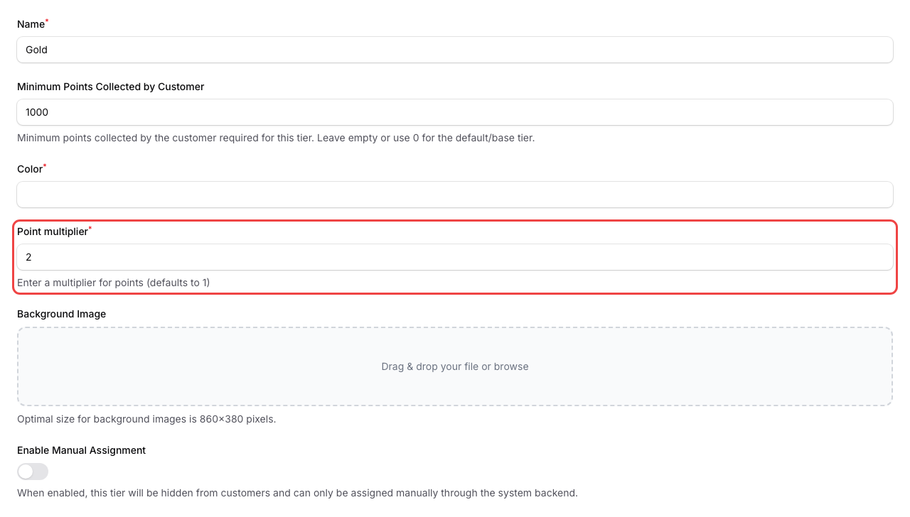 Step 4: The Point multiplier field highlighted in the tier edit form set to 2x