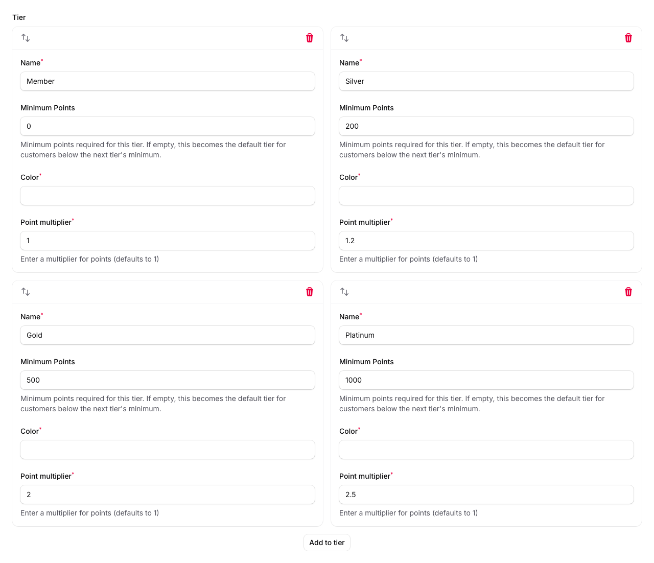 Step 3: The create wizard showing four tier cards - Member, Silver, Gold, and Platinum - with name, minimum points, color, and point multiplier fields