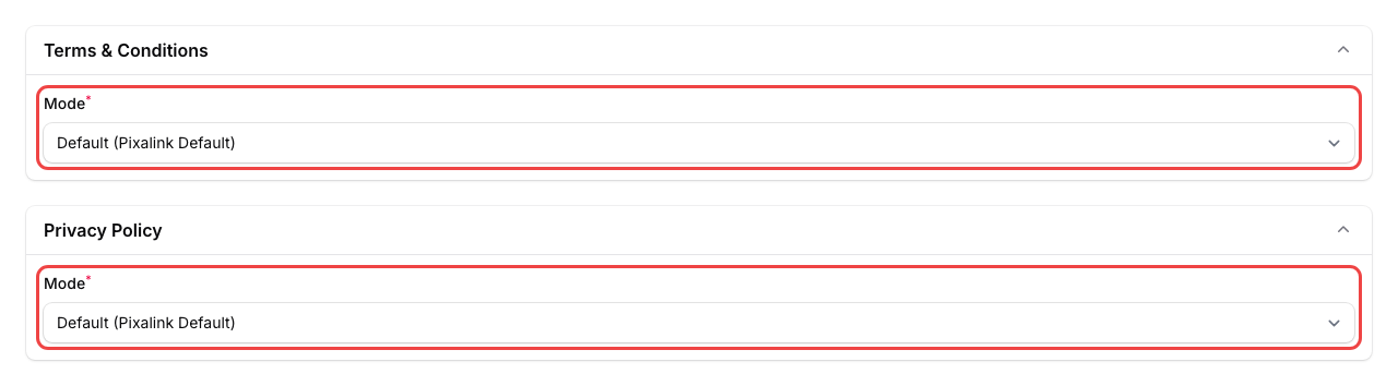 Step 11: The Legal tab showing Terms and Conditions and Privacy Policy sections with Mode dropdowns highlighted