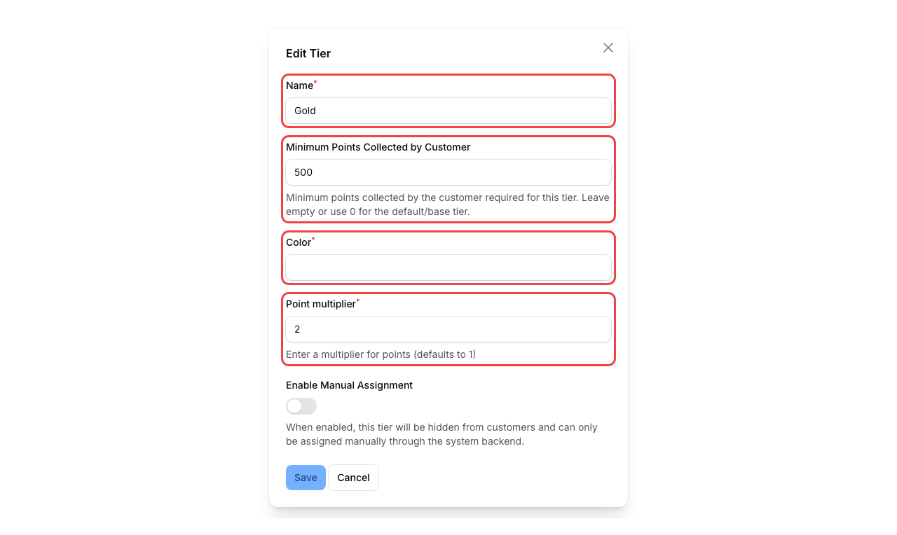 Step 5: The Edit Tier modal showing Name, Minimum Points, Color, Point Multiplier, and Enable Manual Assignment fields