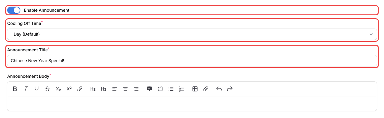 Step 12: The Announcement tab showing Enable Announcement toggle, Cooling Off Time dropdown, Announcement Title, and Announcement Body fields highlighted