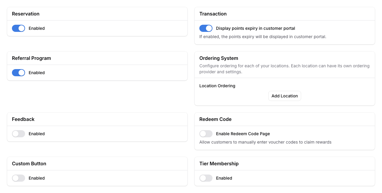 Step 4: The Feature tab showing eight feature sections in a 2-column grid layout -- Reservation, Transaction, Referral Program, Ordering System, Feedback, Redeem Code, Custom Button, and Tier Membership