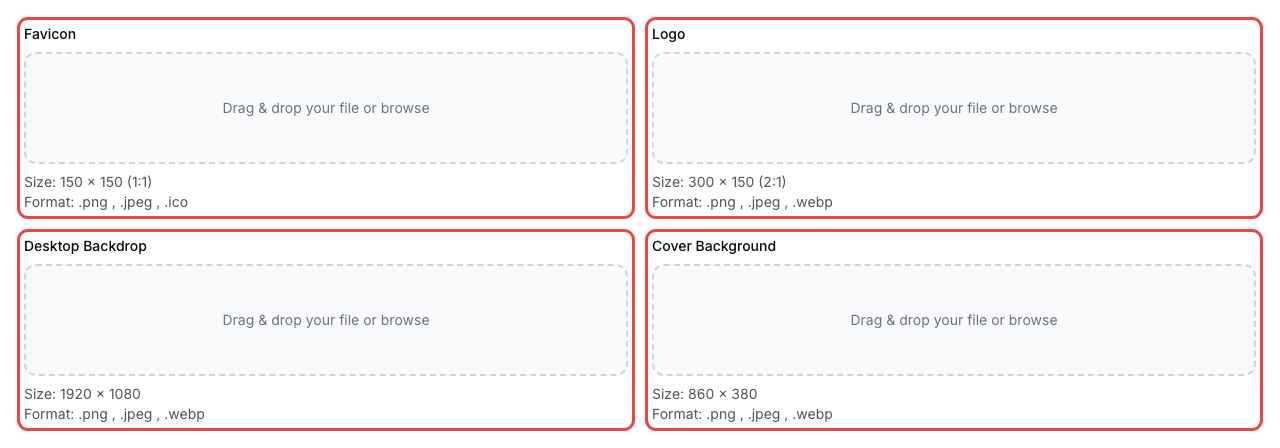 Step 8: The Favicon, Logo, Desktop Backdrop, and Cover Background file upload dropzones in a 2-column grid layout, all highlighted