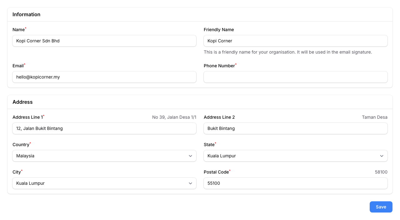 Step 4: The complete Organisation Information form filled in and ready to save