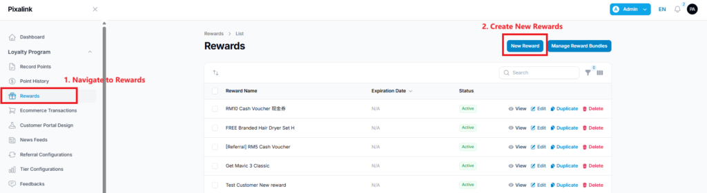 Pixalink admin panel showing the Rewards list page with New Reward button