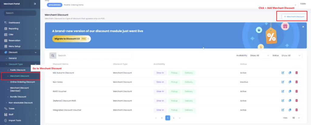 Applicable Spaces selector and Referring Store Discount toggle