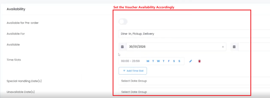 Eats365 portal showing Discount menu with Merchant Discount option