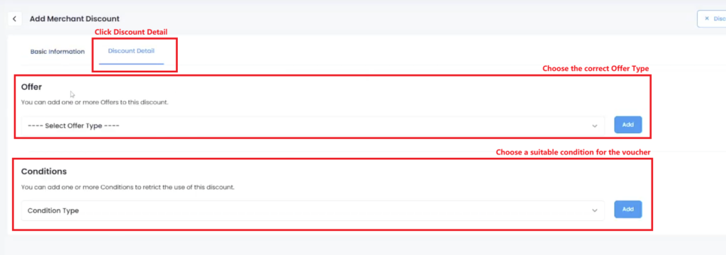 Eats365 Add Merchant Discount form with name, code, and active toggle