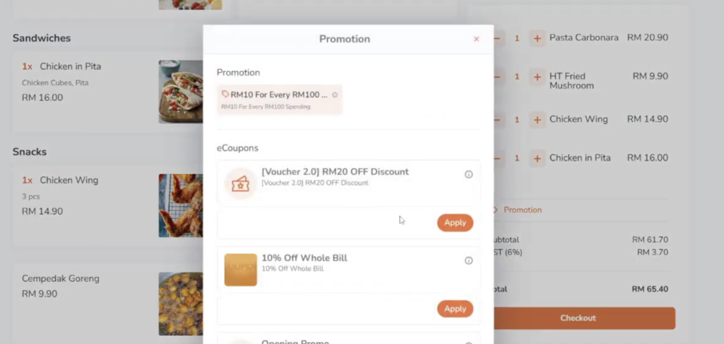 Eats365 checkout page showing voucher applied under Promotions