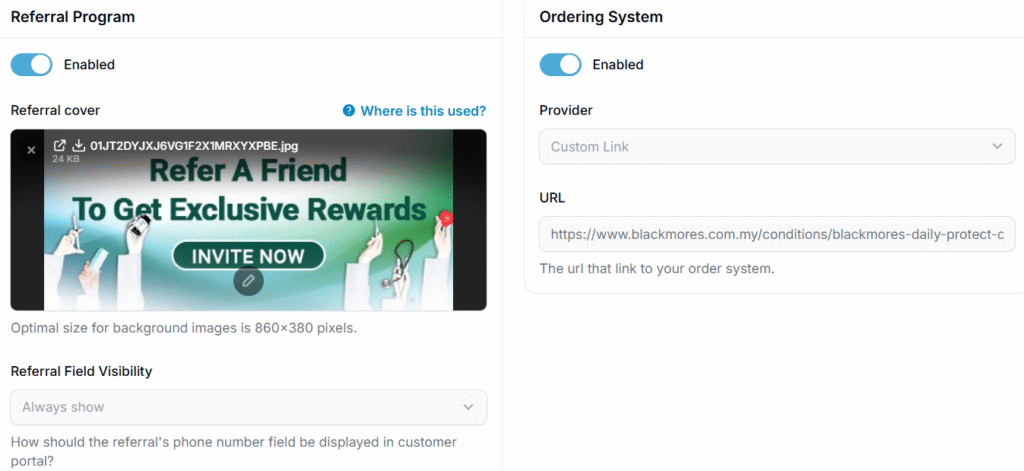 Toggling features to enable on the customer portal