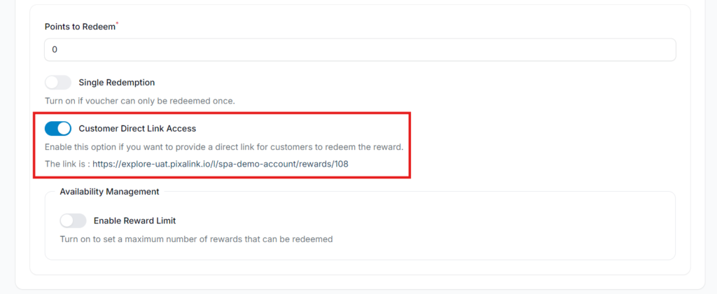 Enabling Customer Direct Link and copying the reward link