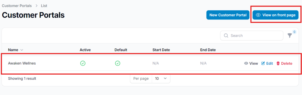 Clicking Create to finalize portal setup with View on Front Page link