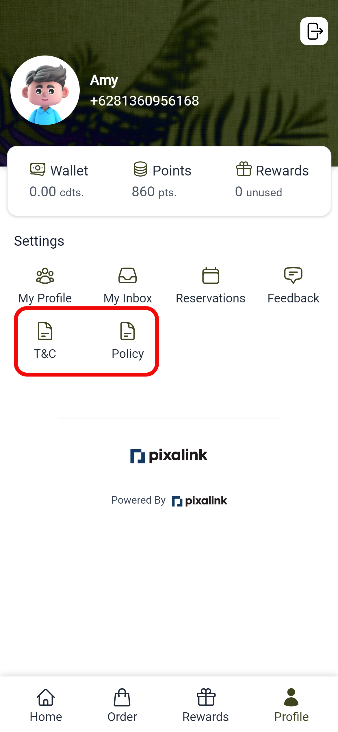 Legal settings section with Terms and Conditions and Privacy Policy options