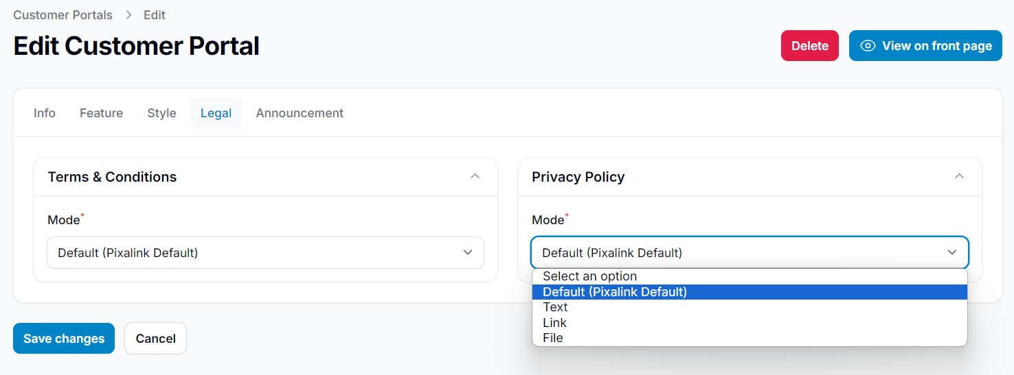 Legal setting options including Default, Text, Link, and File