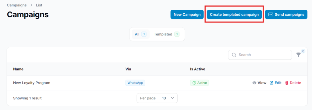 Clicking Create Templated Campaign button