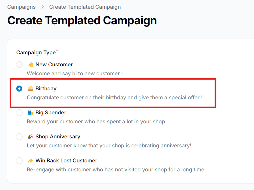 Selecting the Birthday template from available templates