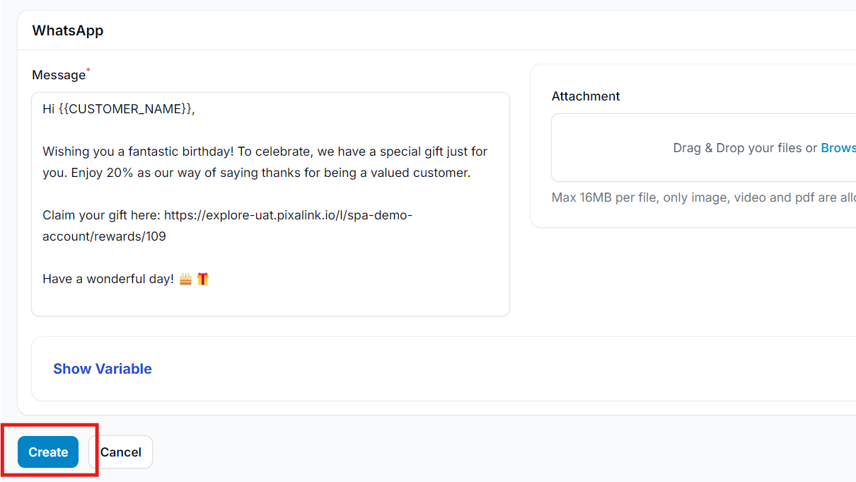 Clicking Create to save and activate the Birthday Campaign