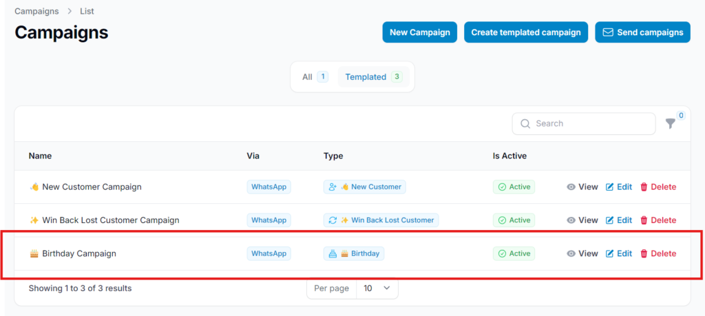 Birthday Campaign active and showing in the campaigns list