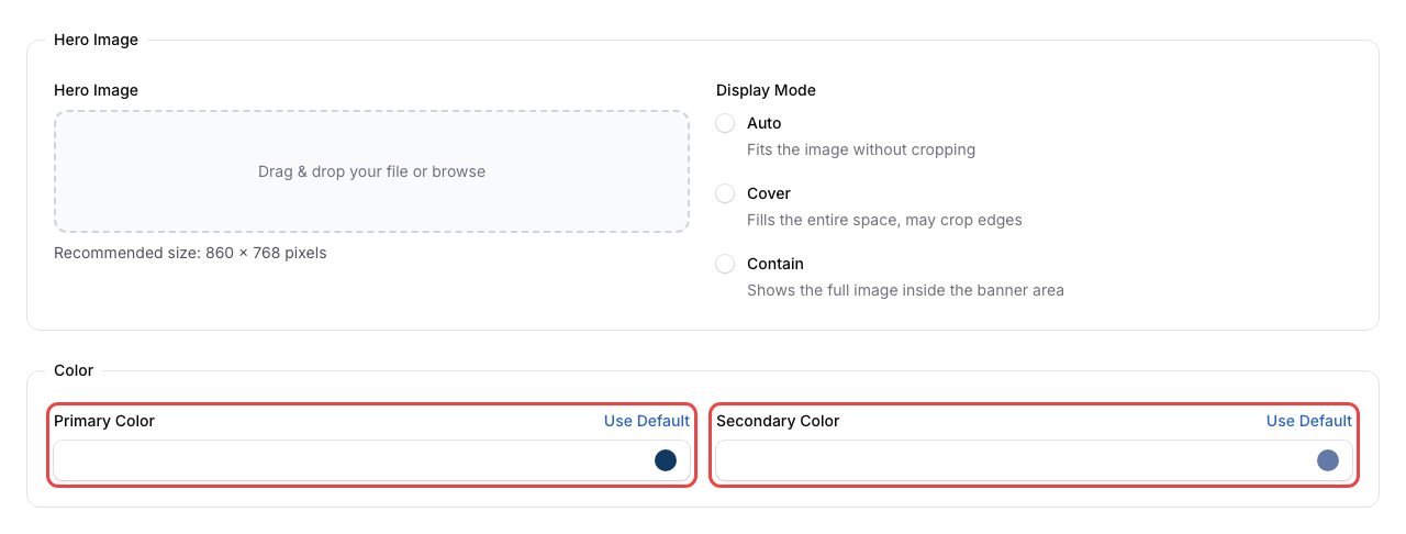 The Style tab showing the Hero Image upload area and Color section with Primary and Secondary colour pickers