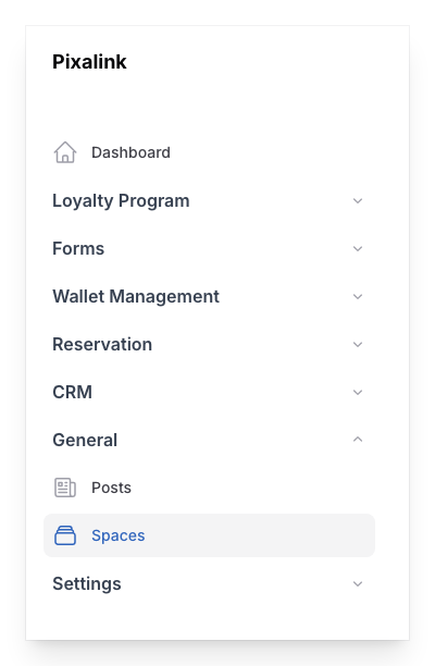 The Admin Panel sidebar showing the General group expanded with Spaces highlighted