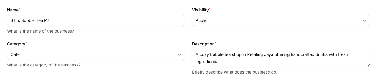 Space creation form showing Name, Visibility, Category, and Description fields filled in