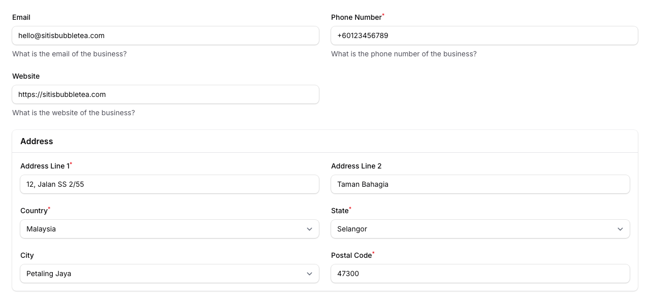Space contact form showing Email, Phone Number, Website, and Address fields filled in with Malaysian address