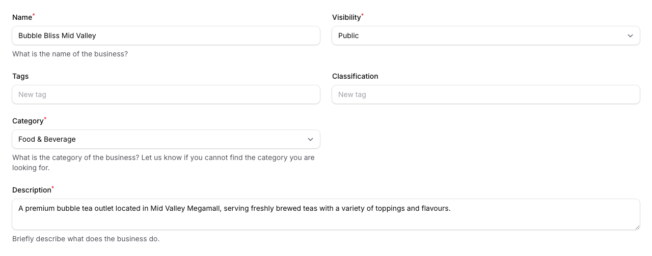 The Space creation form showing fields for Name, Visibility, Tags, Classification, Category, and Description in a two-column layout