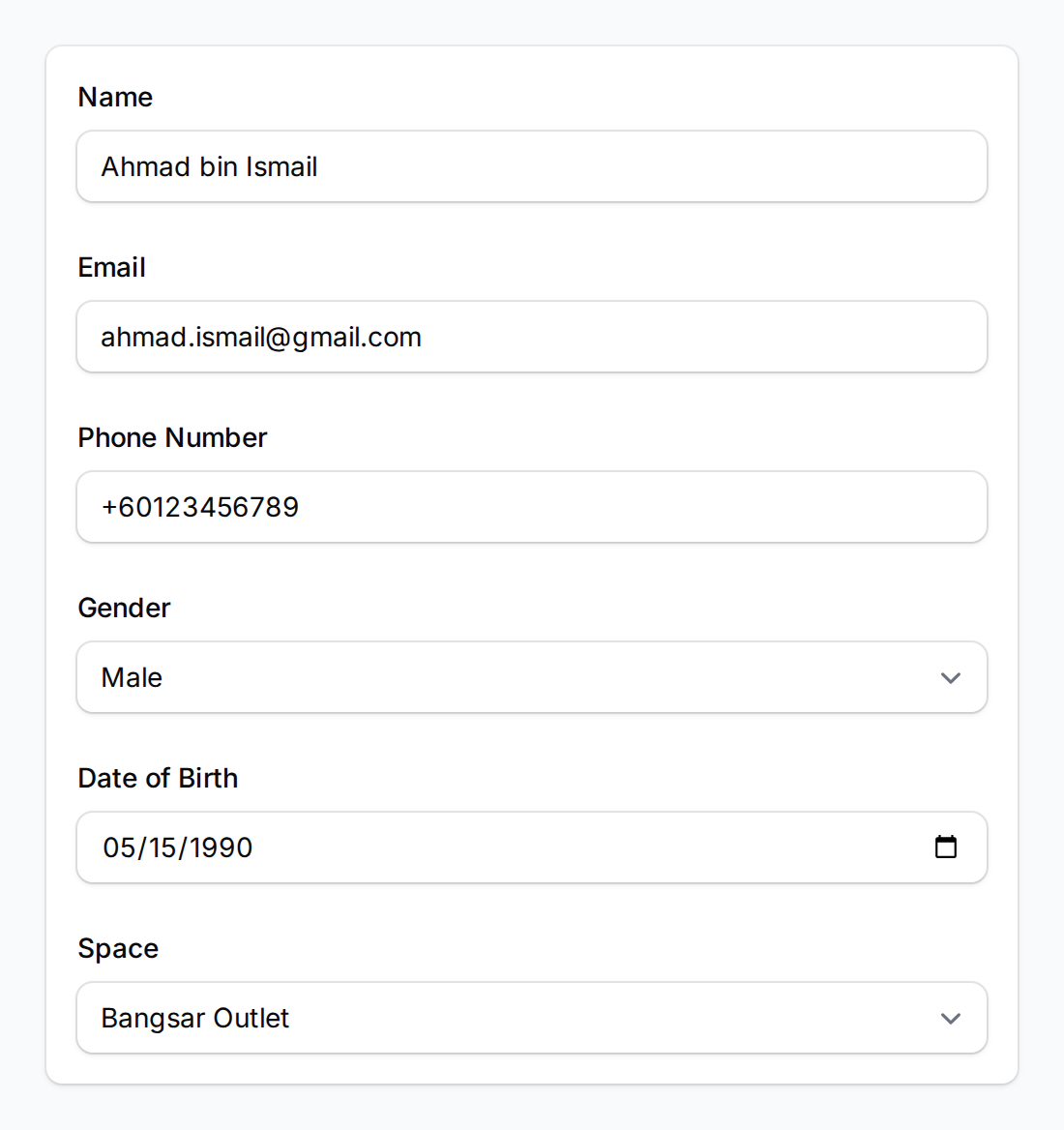 Customer creation form showing Name, Email, Phone Number, Gender, Date of Birth, and Space fields filled with sample Malaysian data