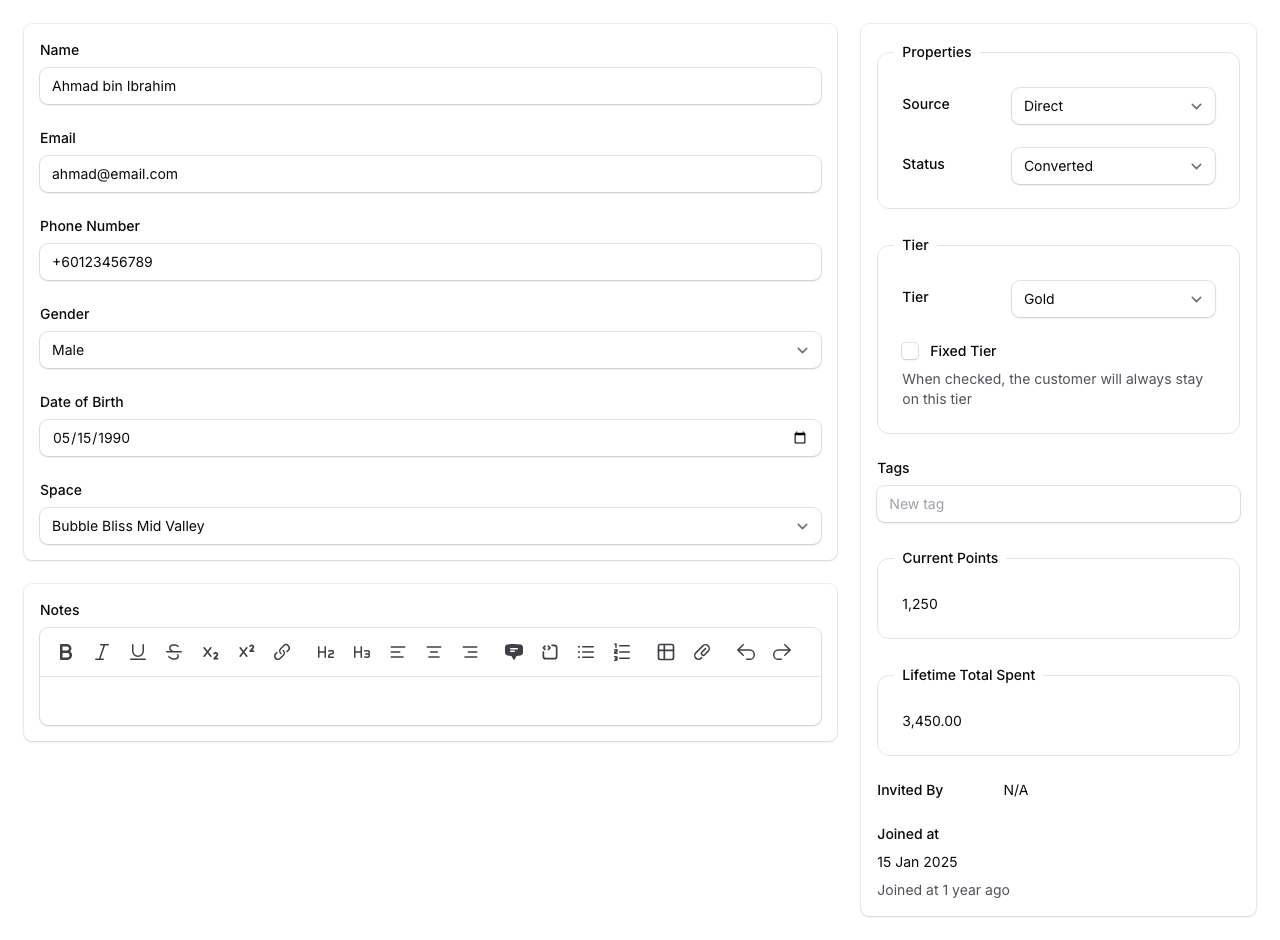 Step 4: The customer edit form with name, email, phone number, gender, date of birth, and space fields on the left, and properties, tier, tags, and points on the right