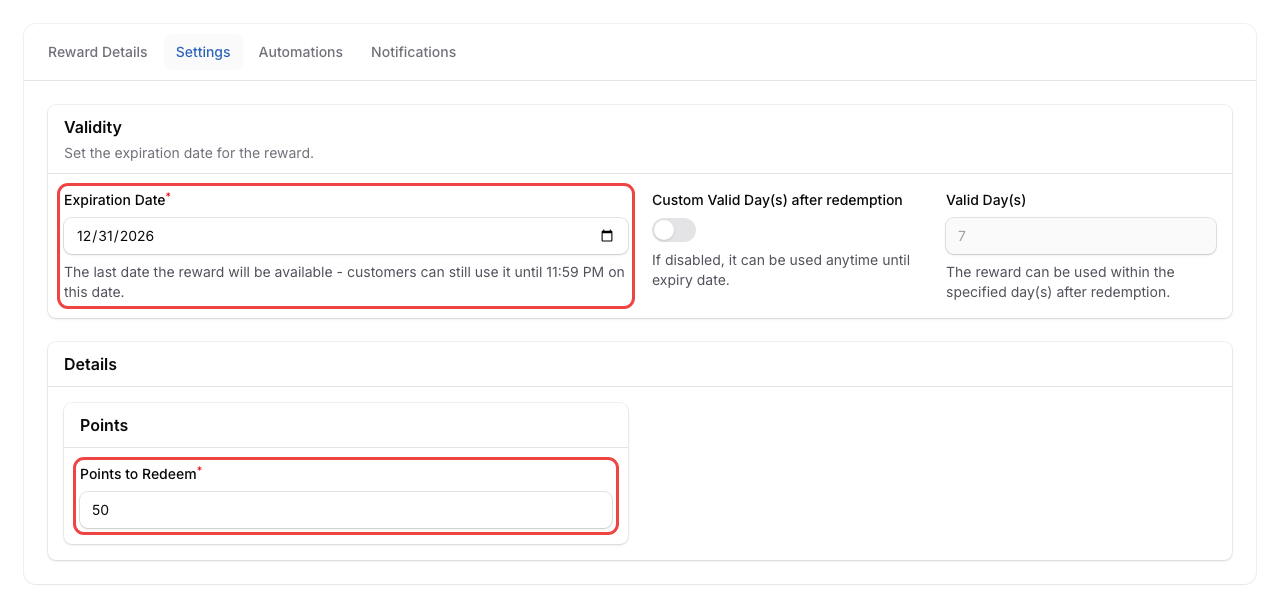 Settings tab showing Validity section with Expiration Date (highlighted) and Details section with Points to Redeem (highlighted)