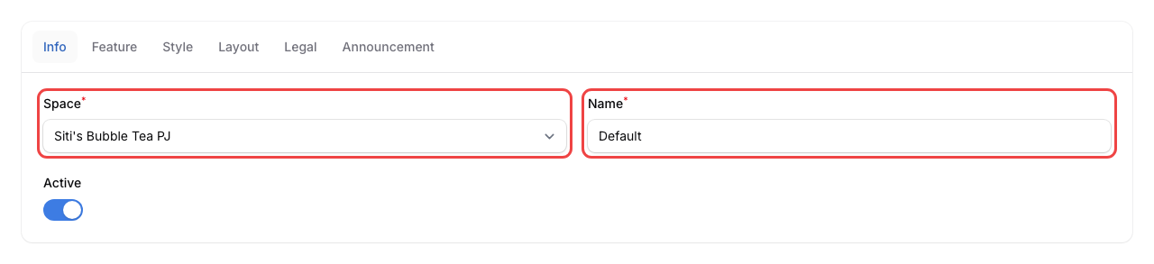 Info tab showing Space and Name fields side by side in 2-column layout with Active toggle below