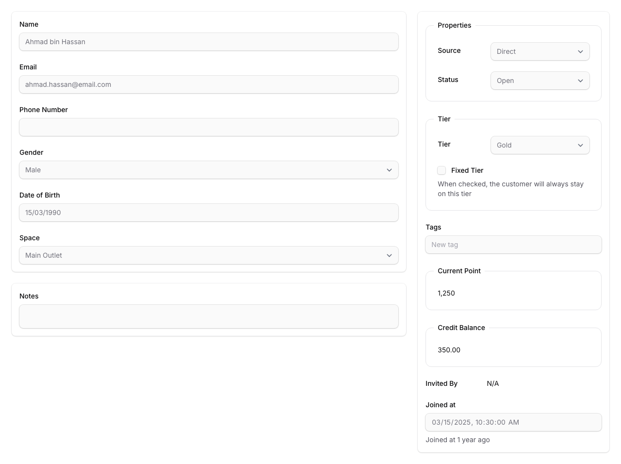 Step 3: The customer profile view page showing all details like name, email, status, tier, and points