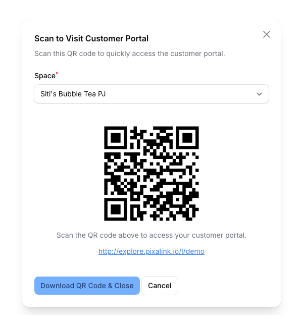 Modal dialog showing Space dropdown, centered scannable QR code for the customer portal, and Download QR Code and Close button