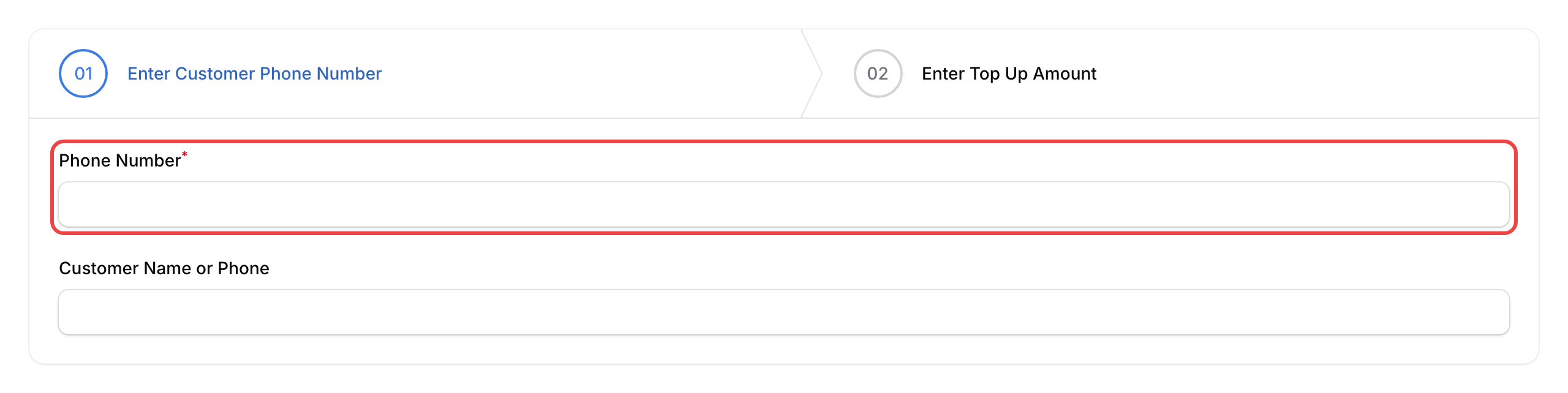Step 2: The Phone Number field highlighted in the Enter Customer Phone Number step