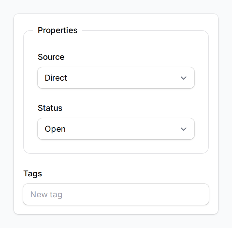 Customer creation form sidebar showing Source set to Direct, Status set to Open, and Tags input field
