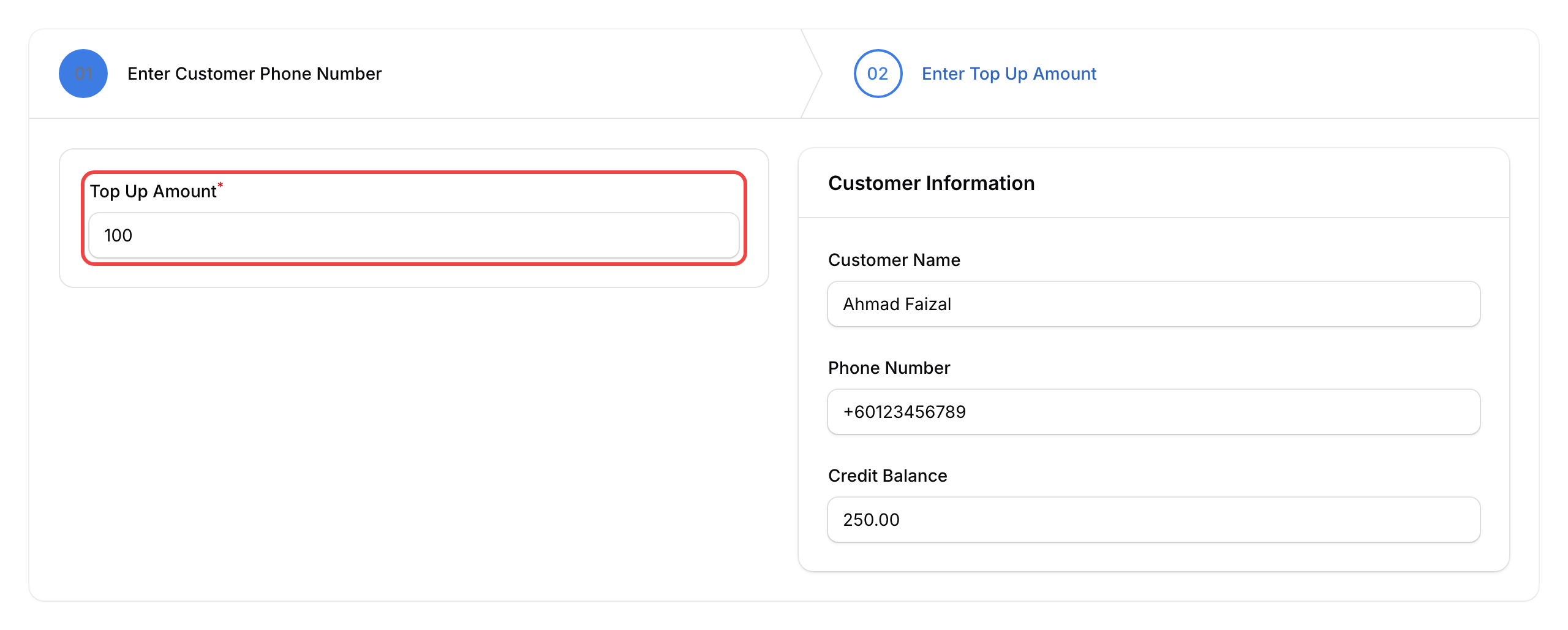 Step 4: The Top Up Amount field highlighted with quick credit buttons and Customer Information panel