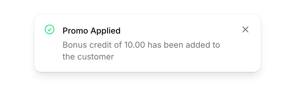 Success notification showing Promo Applied with bonus credit amount
