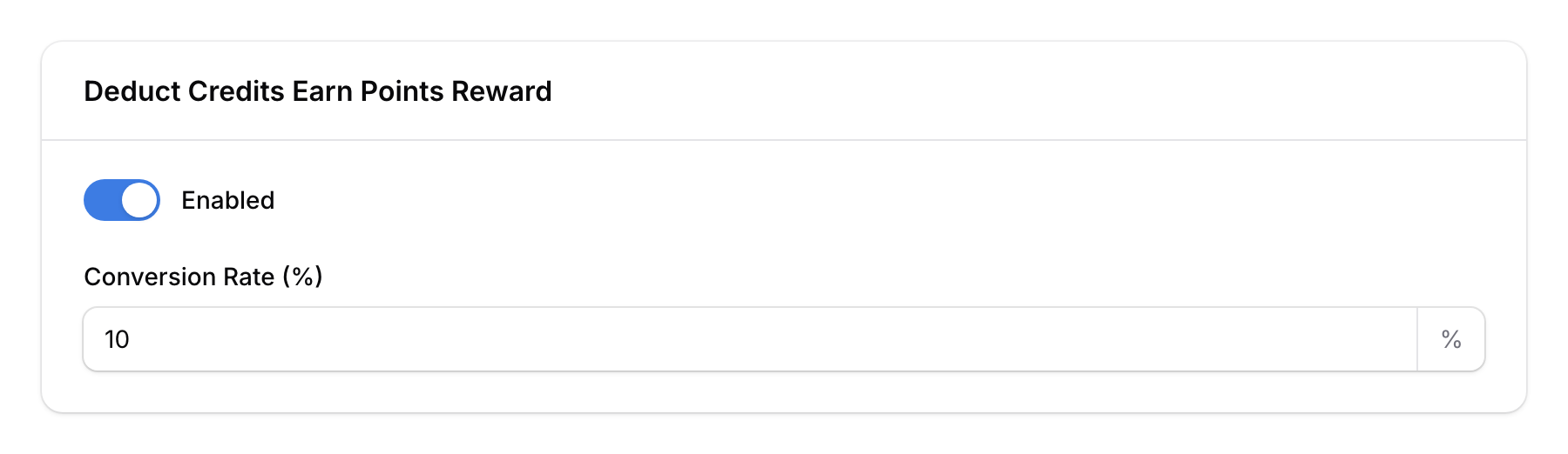 Deduct credits earn points section with enabled toggle and conversion rate