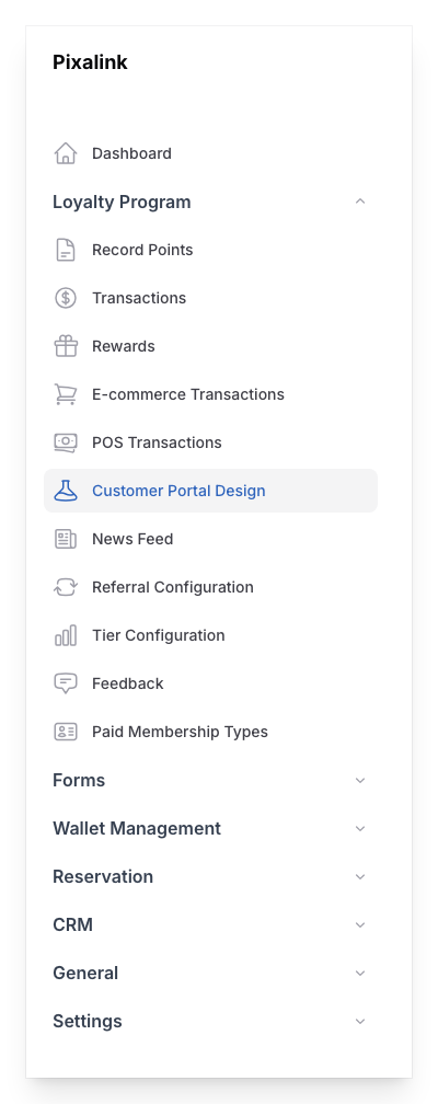 Admin panel sidebar showing Loyalty Program group expanded with Customer Portal Design highlighted, all other groups collapsed