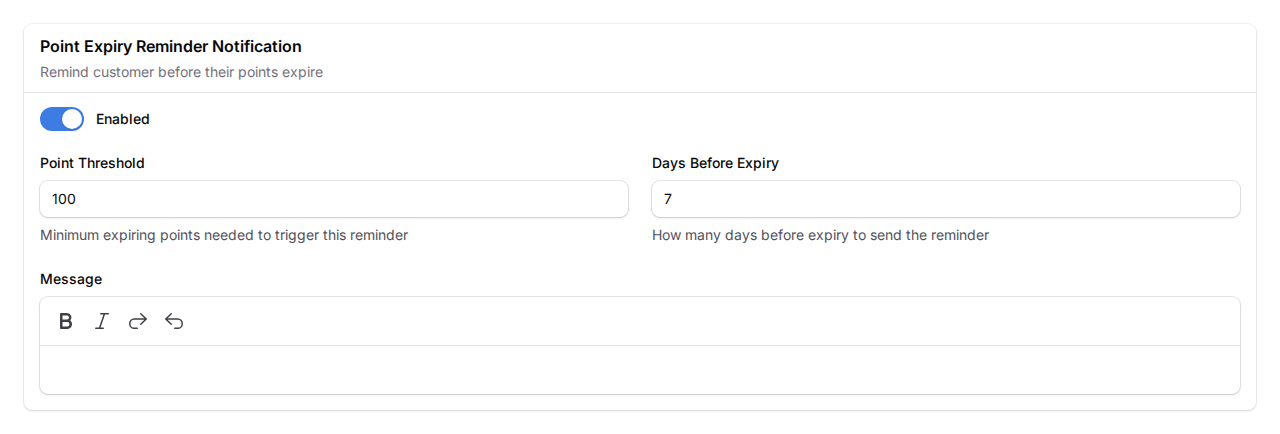 Point expiry notification settings showing toggle, point threshold, days before expiry, and message fields