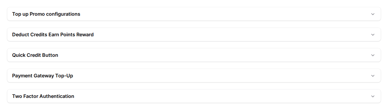 Top Up Configurations page showing all five collapsed sections